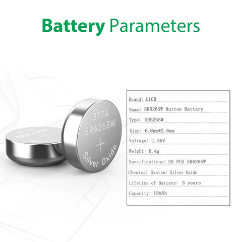 Dead On Accurate 20 Pack SR626SW 377 626 Watch Batteries 1.5V Button Cell Replacement with battery specifications shown.