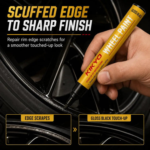 Heavy Duty Wheel Scratch Repair Kit For Curb Rash And Gloss Black Rim Touch Up Paint in use on a rim showing edge touch-up process.
