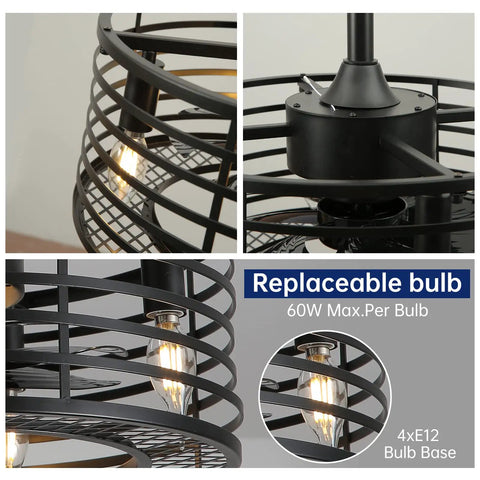 Close-up of Dope Retro Cage Ceiling Fan With Lights And Remote, 20 Inch Low Profile Industrial Ceiling Fan, black iron finish.