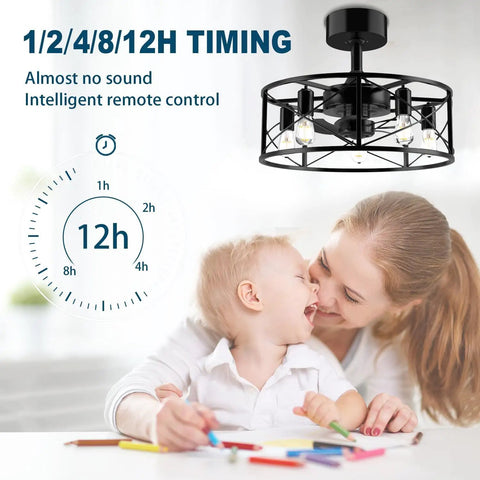 20 Inch Black Caged Ceiling Fan With Light Remote Included Industrial Fandelier in home setting with timing feature