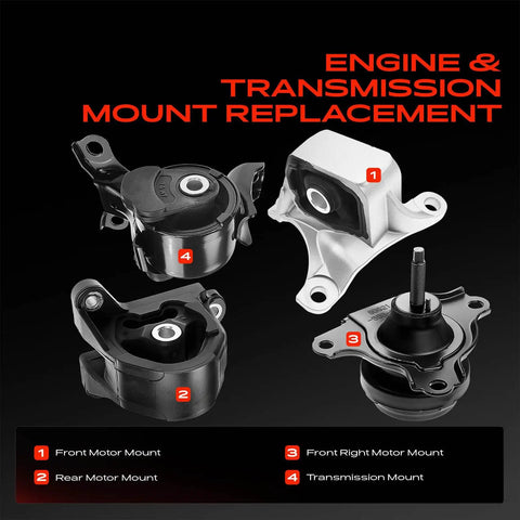 Heavy Duty Engine And Transmission Mount Kit For Acura Rsx And Honda Civic 2002 To 2006 Manual Transmission set showing four mounts.
