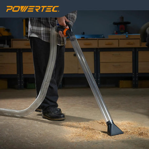 Person using Two And A Half Inch Dust Collection Hose Floor Sweep Kit with 36 Inch Clear Tube, three nozzles in workshop cleanup