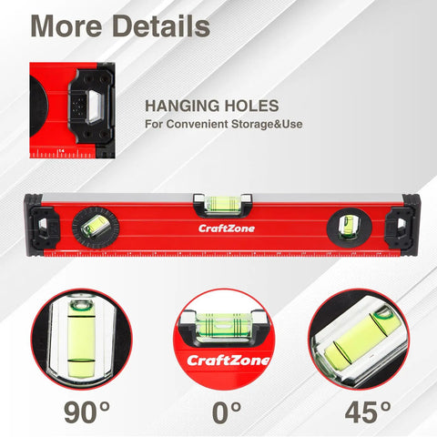 Heavy Duty Magnetic Spirit Level Set includes 12 24 and 40 inch aluminum bars, showing bubble vials at various angles on a red level.