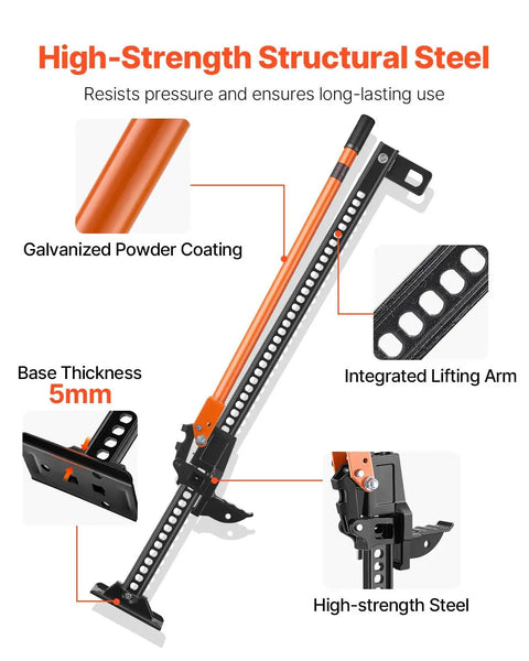 Detailed view of the 48 Inch High Lift Farm Jack Featuring A Badass 7000 Pound Ratcheting Build for Off Road Recovery, showing high-strength steel components.