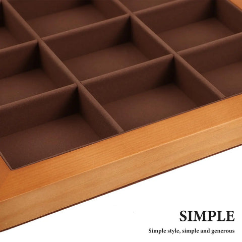 Sleek Walnut Jewelry Organizer Tray With 15 Slot Grid For Ring Bracelet Necklace Storage And Display showing interior grid compartments.