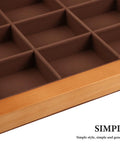 Close-up of Top Shelf Solid Walnut Wood Jewelry Tray Organizer with Fifteen Grids for Rings Necklaces and Bracelets.