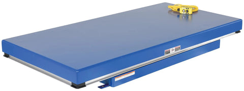 Heavy Duty Electric Hydraulic Lift Table With A Massive 36 X 72 Inch Platform And Epic 8000 Pound Capacity built in blue with control.