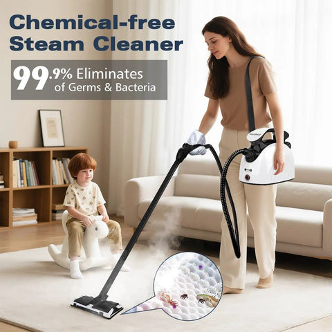 Woman using Waitbird 4.5 Bar Handheld Steam Cleaner, 275°F Professional Home Steamer for cleaning in a home environment.