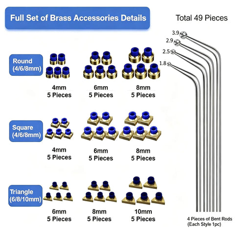 Full set of brass accessories for Pneumatic Pencil Die Grinder Kit, 49 pieces including round, square, triangle grinding heads.