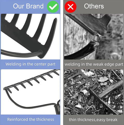 Comparison of Heavy Duty Garden Rake with Long 182 Cm Handle 14 Tines Steel Yard Tool and other rakes showing durability features.