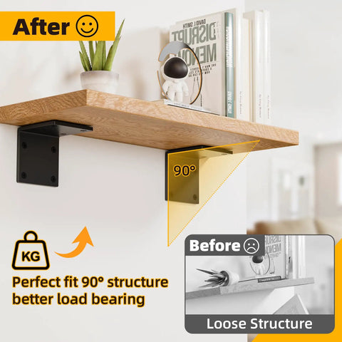 Heavy Duty Corner L Brackets For Wood Framing 4 Pack Solid 6X6 Steel Mounts with a shelf and plant, showing 90° angle and load bearing.