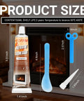 Heavy Duty High Heat Silicone Sealant Set 100ml Clear Heat Resistant Glue Ultra Durable Waterproof Sealant For Fireplace Oven Microwave Stove Cooktop Grill No Mess Pack Of 2, product with sizing details shown in front of a fireplace.