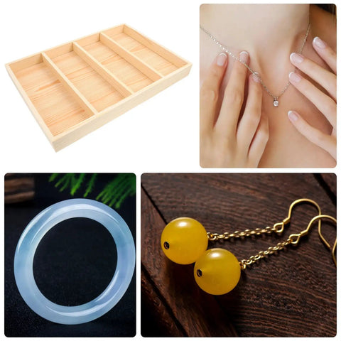 Top Shelf Wooden Jewelry Tray With Four Spacious Slots For Rings And Chains Super Easy Dresser Organizing Plate display with jewelry items.