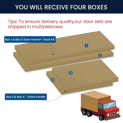 Top Shelf White Sliding Closet Door Kit For 128 By 80 Inch Openings Featuring Four Smooth Gliding Panels, shown in four delivery boxes.