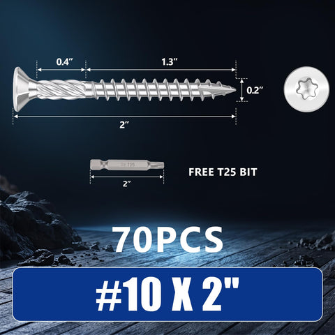 Top Shelf 10X2 Inch Stainless Steel Deck Screws 70 Piece Bucket showing screw dimensions and a T25 bit on a dark background.