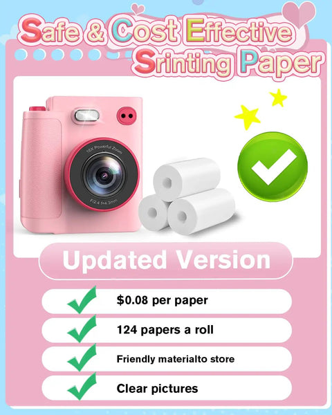 Kids Camera Instant Print 1080P HD Digital Cam For Ages 3 To 12 Boys And Girls, pink camera with paper rolls