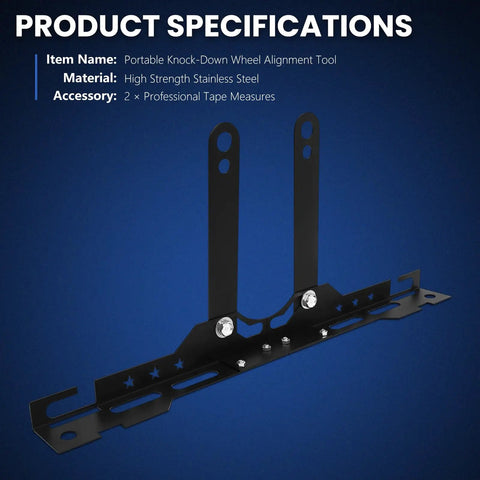 Quick Snap Knockdown Wheel Alignment Kit With Removable Toe Plates And Center Bar, stainless steel tool with dual tape measure slots