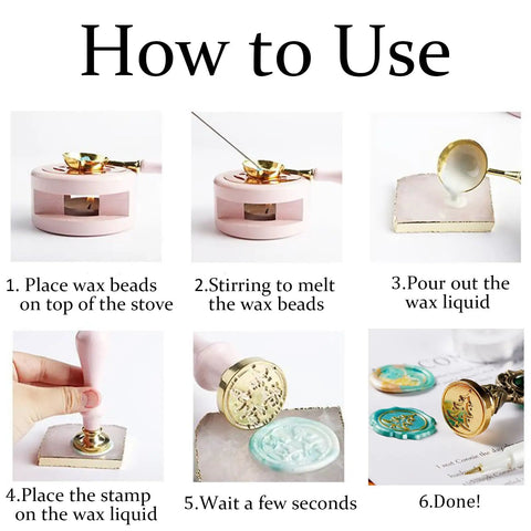 Demonstration of Hella Durable Brass Wax Seal Stamp use, showing wax melting steps and applying stamps on wax.