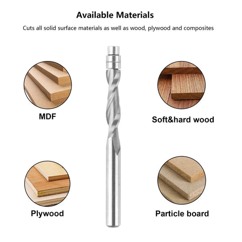 Five Piece Upcut Spiral Flush Trim Router Bit Set With Quarter Inch Shank, Three Inch Overall Length, shown with material options