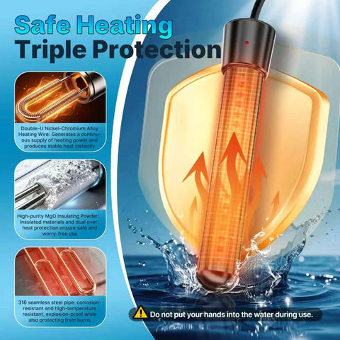 Heavy Duty 2000W Portable Water Heater Rapid Immersion Stick showcasing safe heating features and protective steel shield.