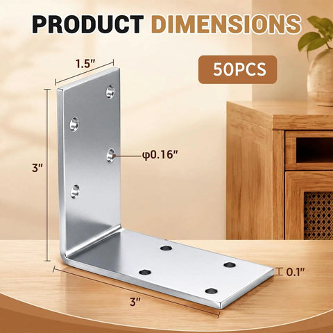 Killer 50 Pack Heavy Duty L Brackets 3X3X1.5 Inch Hot Dip Galvanized Steel Corner Braces dimensions with measurements displayed.