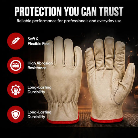 Beefy Leather Work Gloves 12 Pairs Sold By The Dozen, Split Cowhide With Keystone Thumb, displayed with protection features.