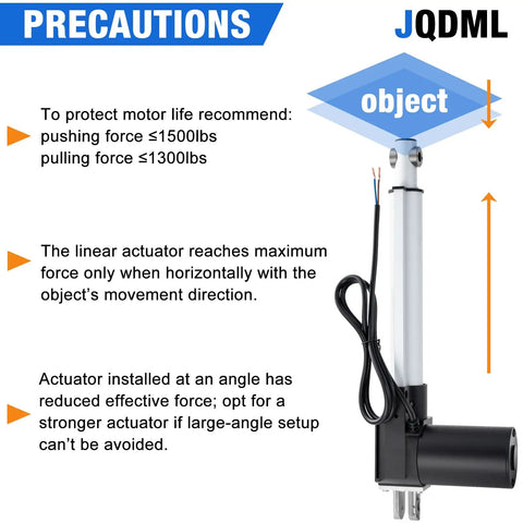 Beefy Heavy Duty 12 Inch Stroke Linear Actuator 8000N 1700lbs shown with motor and wiring, emphasizing precautions for use.