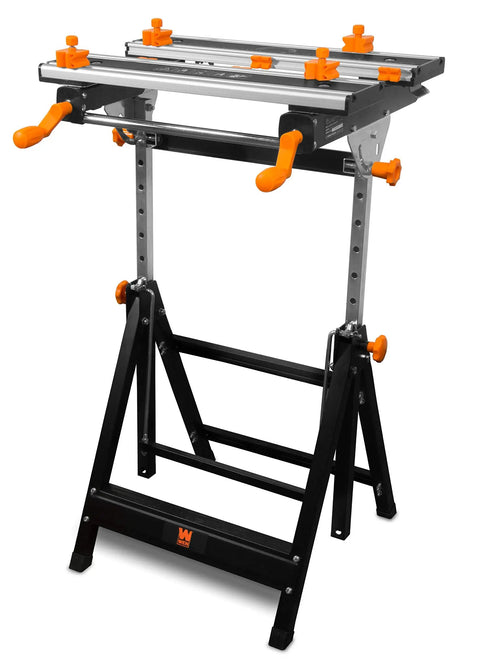 Height Adjustable Tilting Steel Work Bench With Vise 24 Inch Table Extends From 24 By 11.75 To 24 By 19 Collapsible Portable Design