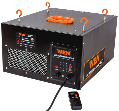 Remote Controlled Air Filtration System With Three Speed Settings And RF Remote Delivers Up To 400 CFM Includes 1 Micron Filter And 5 Micron Pre Filter Black For Large Rooms Up To 400 Sq Ft showing unit and remote control