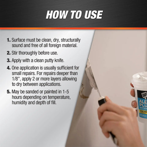 Instructions for applying Alex Plus Spackling White 32 Oz Quick Dry Patch with putty knife on wall surface.