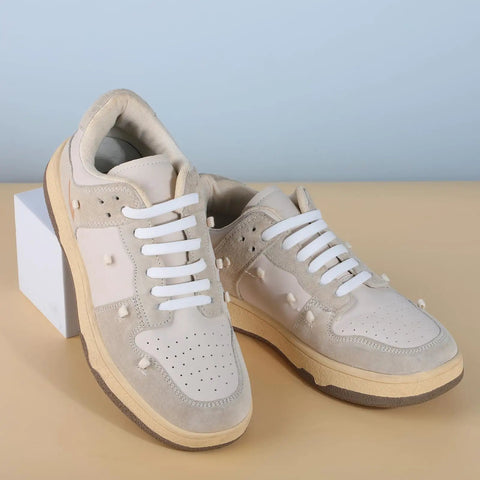 No Tie Silicone Elastic Shoelaces For Sneakers With Stretchy Locking Ends, Easy Slip In T Row Ends, Flat Lace Design That Stays Put, Ideal For Kids And Adults, One Size Fits All, White, 2 Pairs on beige sneakers