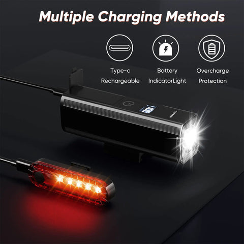 Beefed Up 1200 Lumen Bike Light Set with Front Headlight and Rear Taillight showing charging methods and LED display