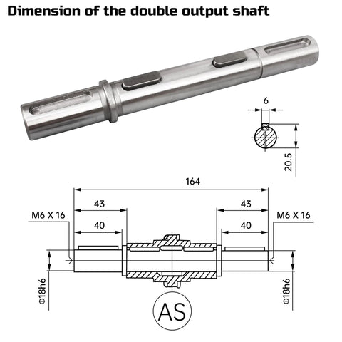 Dual Output Shaft for NMRV40 Worm Gearbox with dimensions, including 18mm diameter and 164mm length, featuring detailed blueprint.
