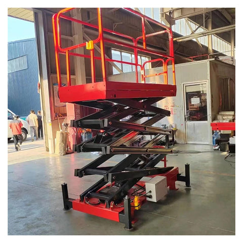 Built Like A Tank Battery Powered Vertical Mast Lift With Heavy Duty Steel And Smart Overload Guards For Smooth Walking Scissor Work At Top Shelf Heights, shown in a workshop setting.