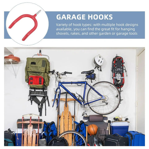 Real Deal Heavy Duty U Shaped Garage Storage Hooks For Shovels And Rakes Vinyl Siding Screw In Metal Wall Mount Hangers holding tools.