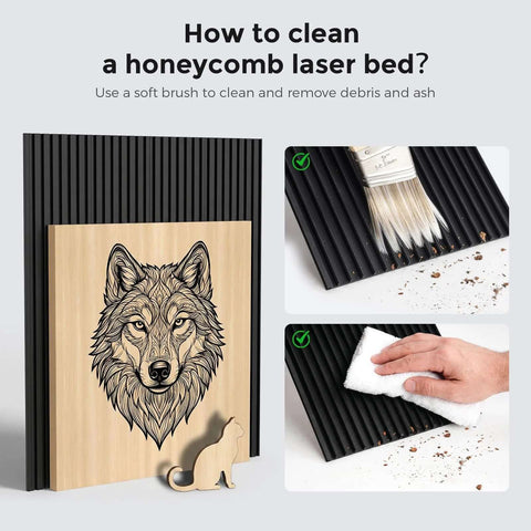 Cloudray black 400x400mm honeycomb laser bed panels, set of 4, for desktop CO2 laser engraver.
Close-up of black honeycomb laser bed being cleaned with a brush.
Hand wiping the black honeycomb laser bed surface with a cloth.