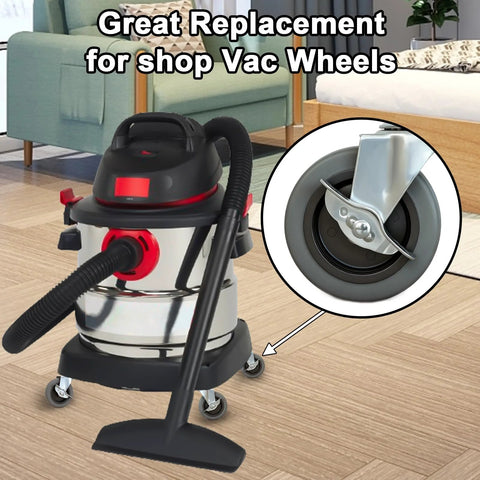 Front view of a shop vacuum with four 4-inch rubber caster wheels; inset shows a caster with side brake.