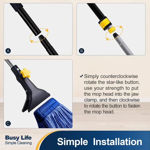 Assembly instructions for Heavy Duty Wet Mop With Looped End Cotton Mop Head, Industrial Grade String Mop, Telescopic Iron Pole.