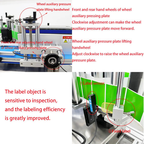 Detailed view of Smooth Operator High Speed Automatic Round Bottle Labeling Machine With Desktop Conveyor Belt adjustments and sensors.