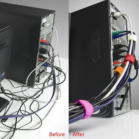 Before and after using 50 Pack Reusable Cable Ties For Quick Cord Organization Heavy Duty Wire Straps And Cable Organizers 7 Inch Length Black