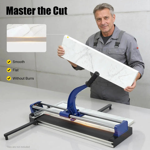 Heavy-Duty Manual Tile Cutter 31 Inch For Ceramic And Porcelain Tiles With Tungsten Blade and Rail Guides shown cutting smooth tile.
