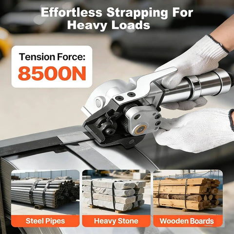 Pneumatic Steel Strapping Tool for Heavy Duty Packaging, 8500N Tension in use, strapping metal with white gloves.