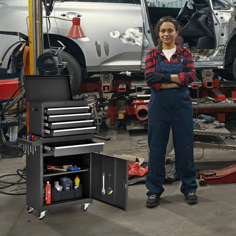 Straight Up Hella Sturdy Five Drawer Rolling Tool Chest In Sleek Black With Detachable Storage Box for garage organization, 20.2 x 11 x 40 inches.