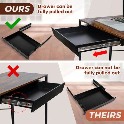 Built Like a Tank Heavy Duty Under Desk Drawer Slide Out showing full pull-out feature vs. limited drawer, 23.6 Inch Carbon Steel Bin.
