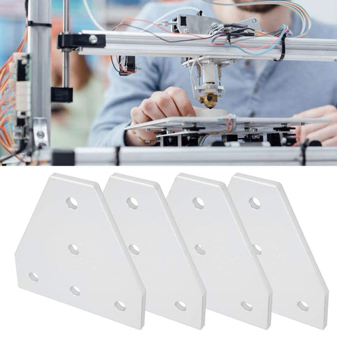 T Shape Aluminum Joining Plate 5-Hole Bracket For Aluminum Profiles used in 3D printer build, shown with four plates and assembly