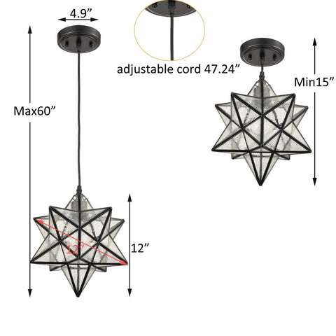 Seeded Glass Moravian Star Pendant Light With Black Industrial Finish, handcrafted shade, dimensions shown with adjustable cord.