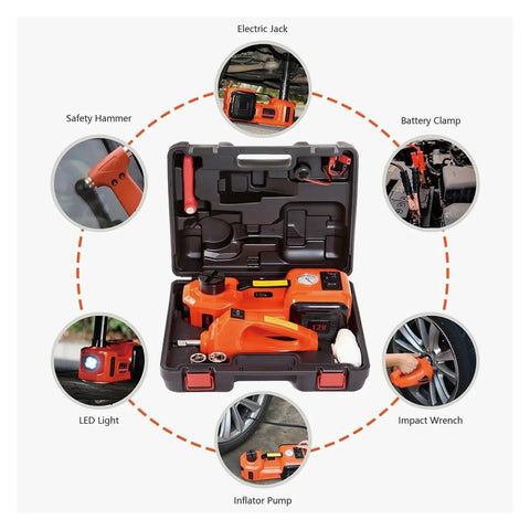 Rock Solid Electric Car Jack Kit Lifting Five Ton Loads With Effortless Twelve Volt Hydraulic Pressure Comes Loaded With An Inflatable Pump And Torque Wrench For Easy Peasy Tire Swaps And Road Warrior Fixes, showcasing kit components in case.