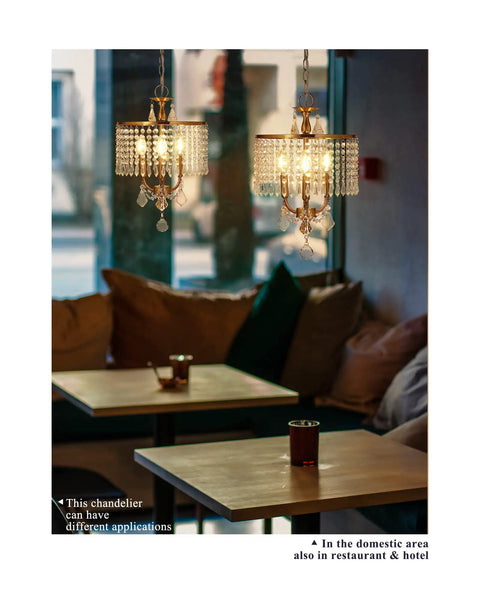 Gold Crystal Pendant Light Showstopper With 13 Inch Hanging String Modern Art Deco Chandelier in cozy dining setting.