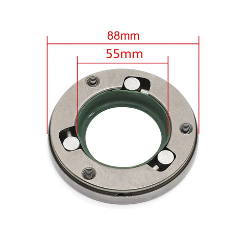 Heavy Duty Atv Starter Clutch With Three Sprag Bearings And Mounting Screws For Cg200 Cg250 Engines Featuring Fifty Five Millimeter Bore And Eighty Eight Millimeter Outer Diameter, shown with dimensions.