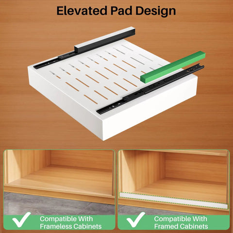 Legit Heavy Duty Pull Out Cabinet Organizers Game Changer Slick Full Extension Slides showing elevated pad design and compatibility.